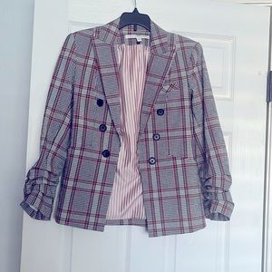 Veronica Beard Searsucker plaid blazer with ruched sleeves